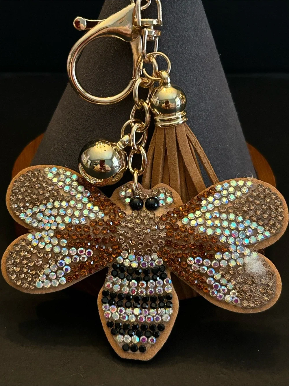 PREMIUM Puffy Crystal Bee Tassel Bag Charm Keychain - Gold & Tan